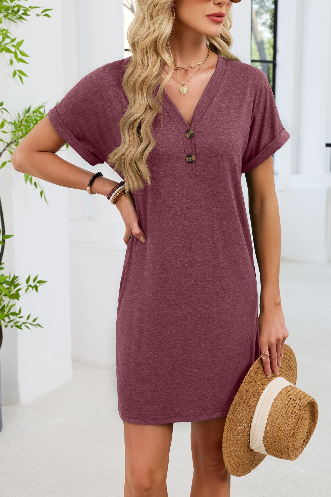 Casual V-Neck Short Sleeve Button Mini T-Shirt Dress