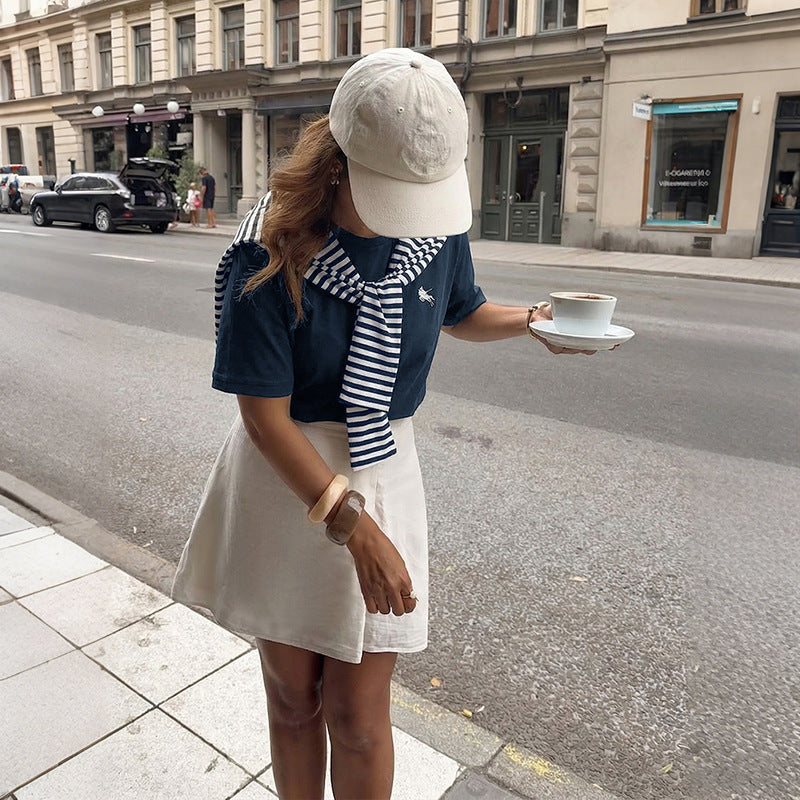 Women Stripe Patchwork Short Sleeve Casual T Shirt