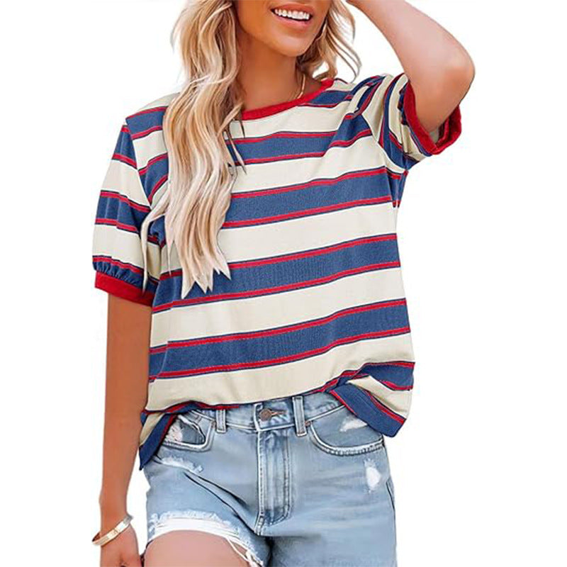Striped Color Block Short Sleeve Casual Summer Tee