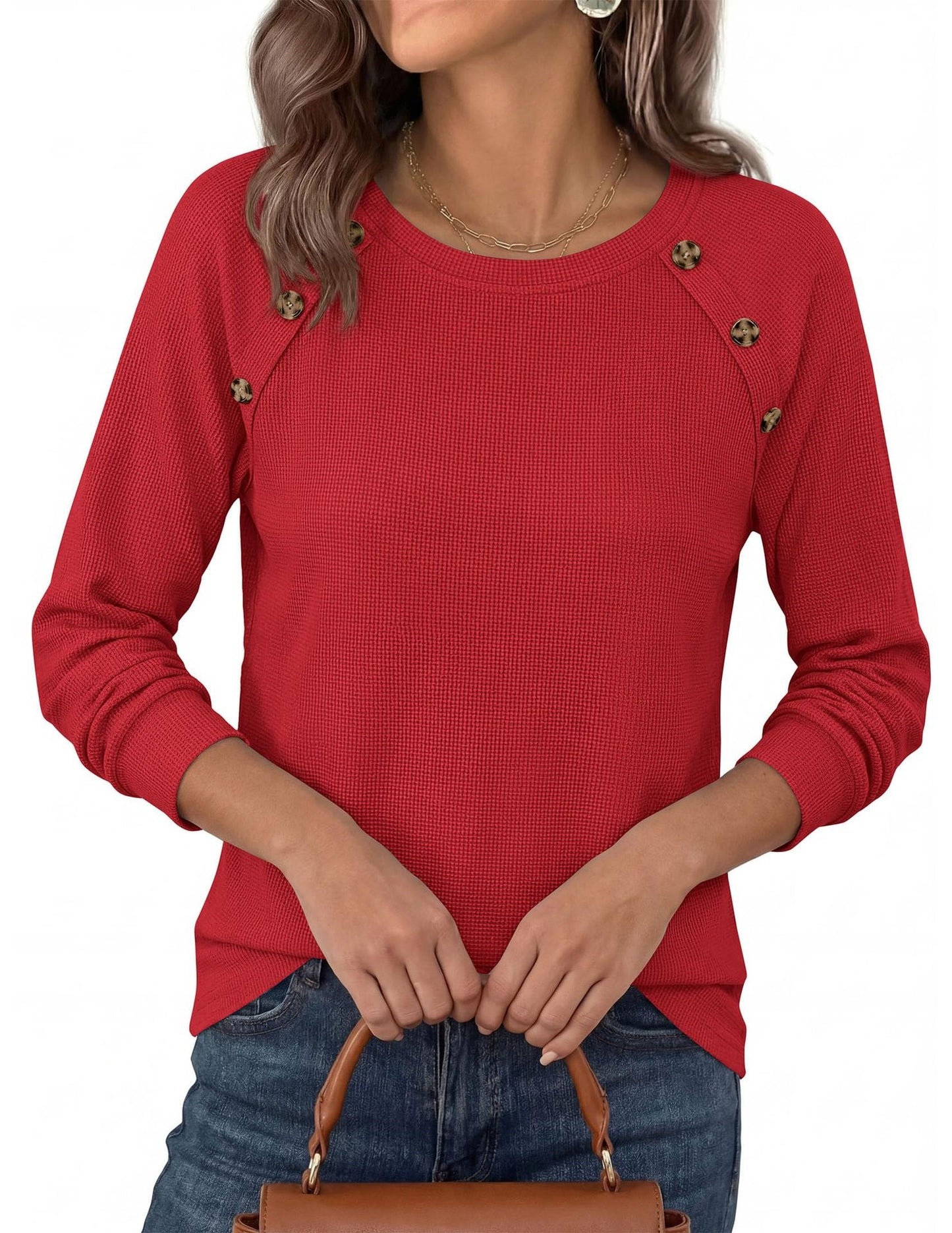 Waffle Knit Button Detail Top Long Sleeve Casual Pullover