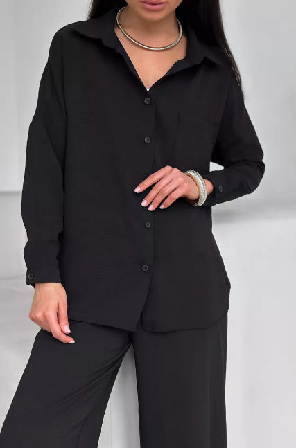 Two Piece Pants Set with Button-Down Shirt & Wide-Leg Pants