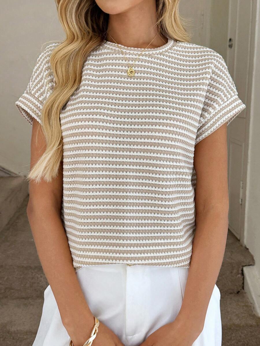 Striped Knit Short Sleeve Pullover Sweater Top