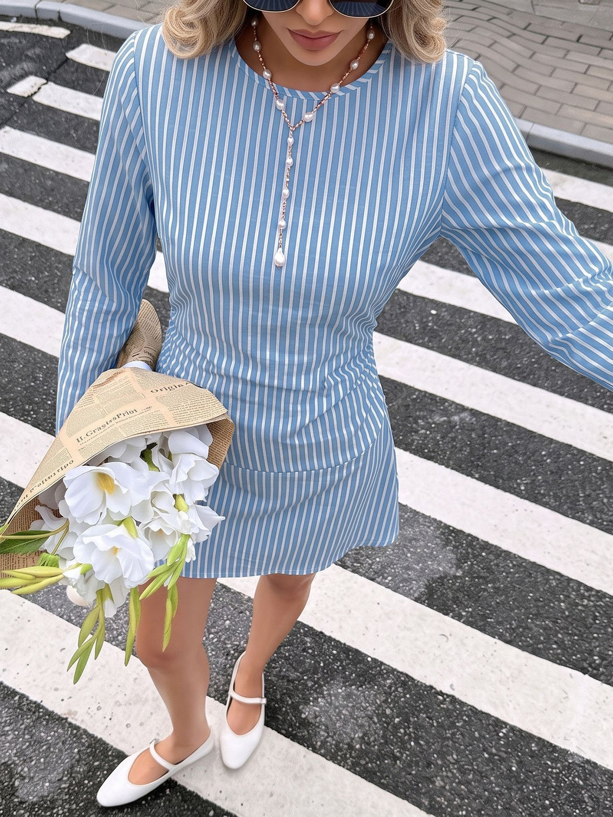 Blue Striped Long Sleeve Cinched Waist Mini Dress