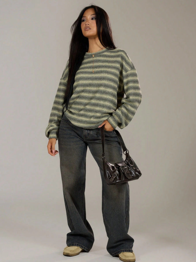 Striped Brushed Sweater Boutique Oversized Drop Shoulder Pullover