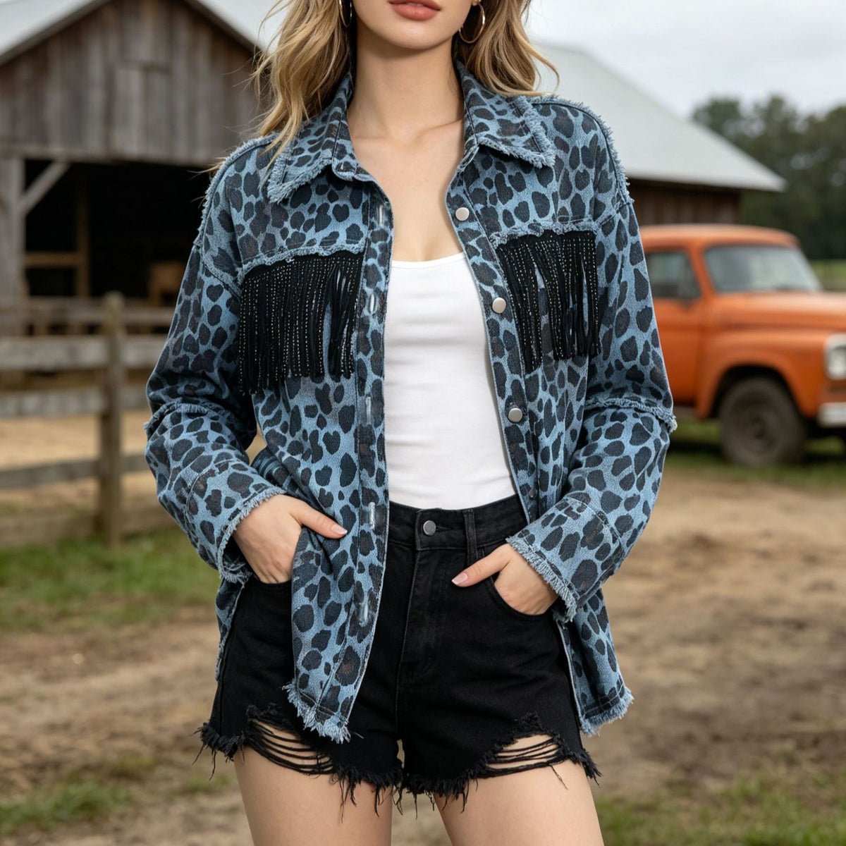 Womens Western Leopard Denim Jacket Rhinestone Fringe