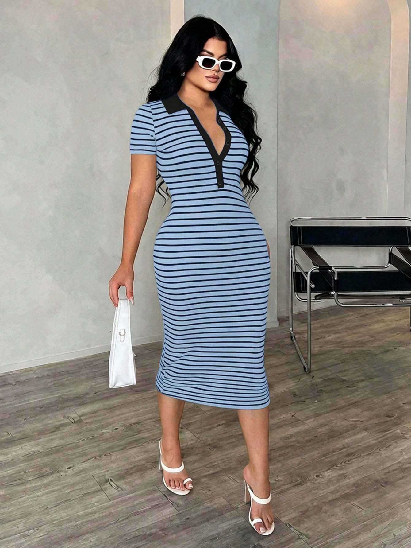 Striped Polo Collar Bodycon Midi Dress Short Sleeve Casual  Wear