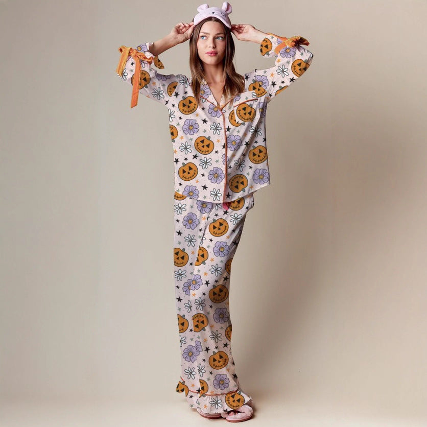 Halloween Pumpkin Print Pajama Set Long Sleeve Lounge Set