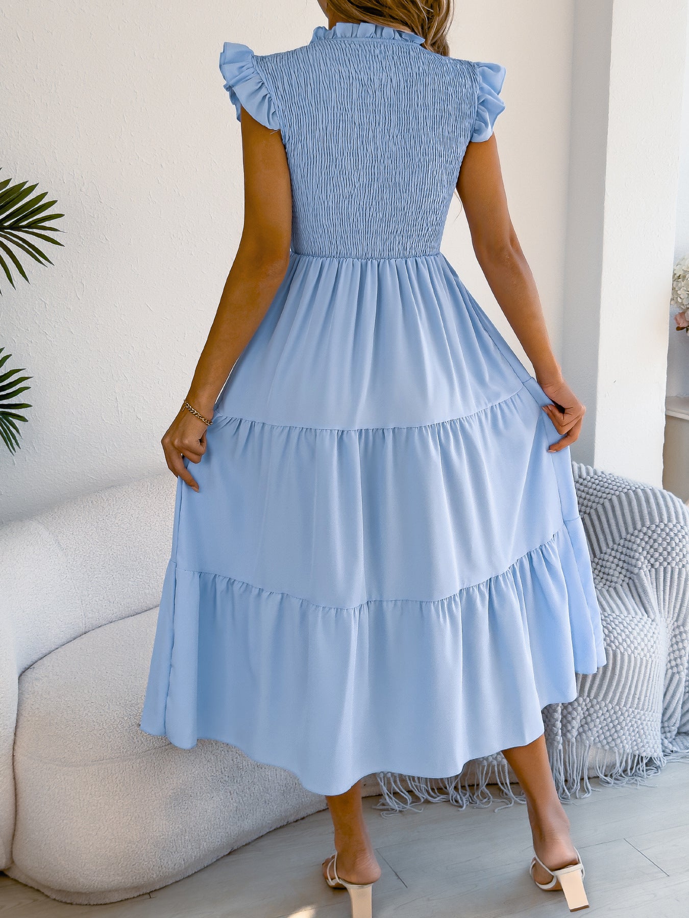 Solid Chiffon Dress Boho Smocked Ruffle Tiered
