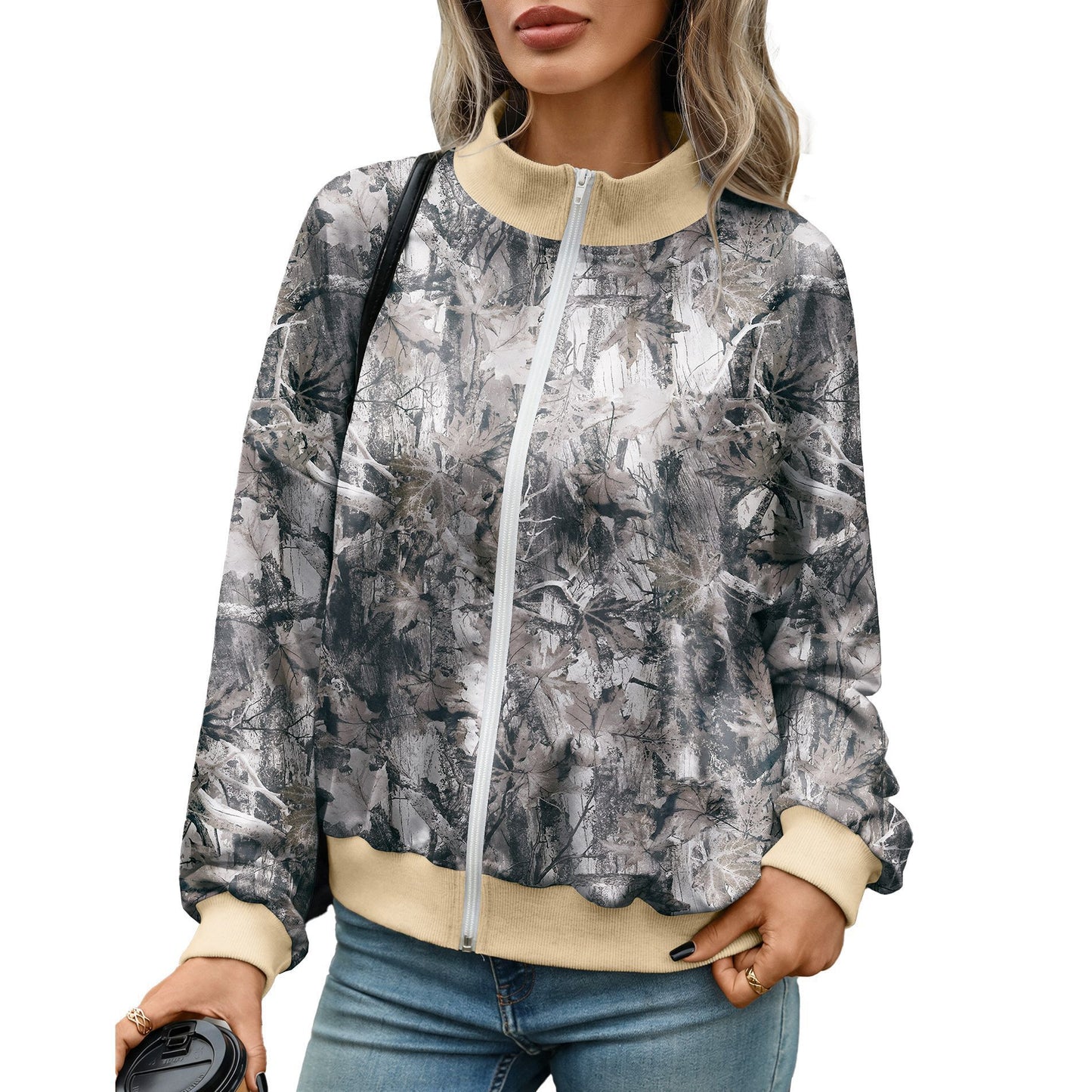 Women's Oversized Printed Zip Up Sweatshirt Mock Neck