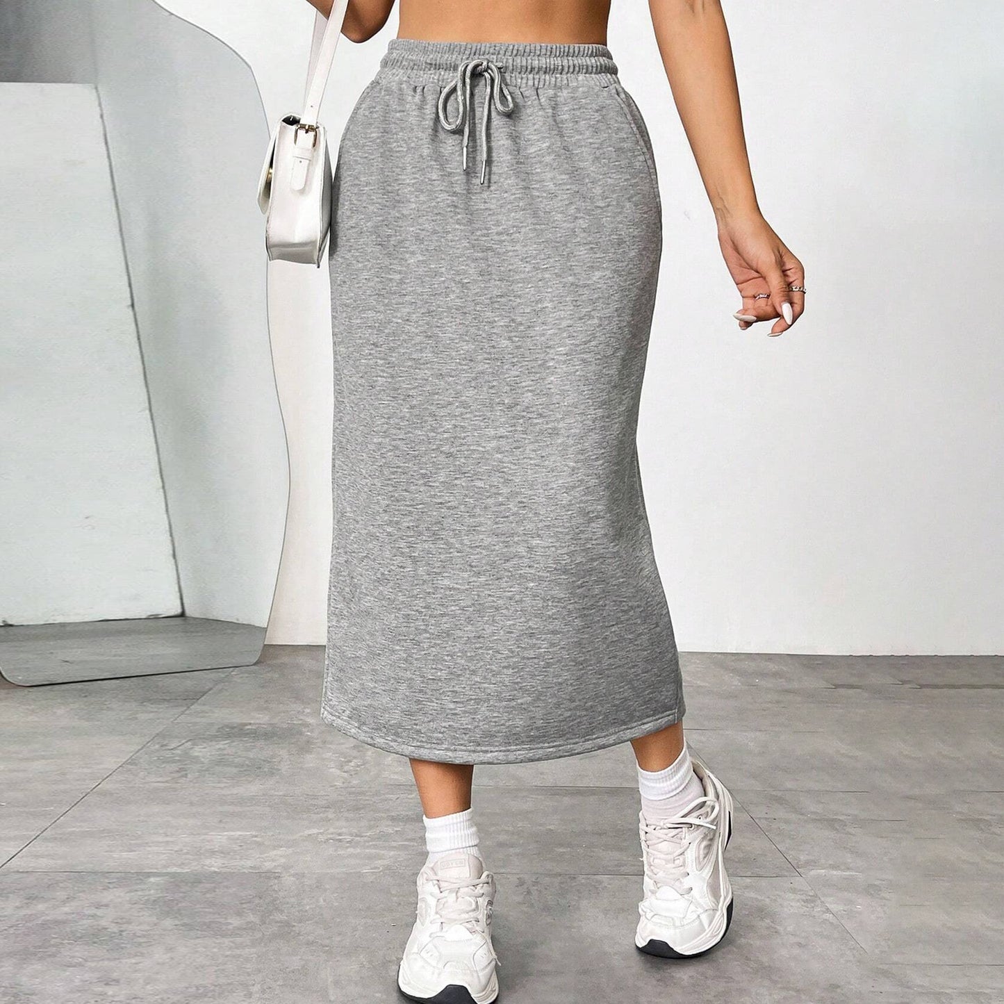 Solid Cotton Blend Skirt Casual Midi Drawstring Pocket