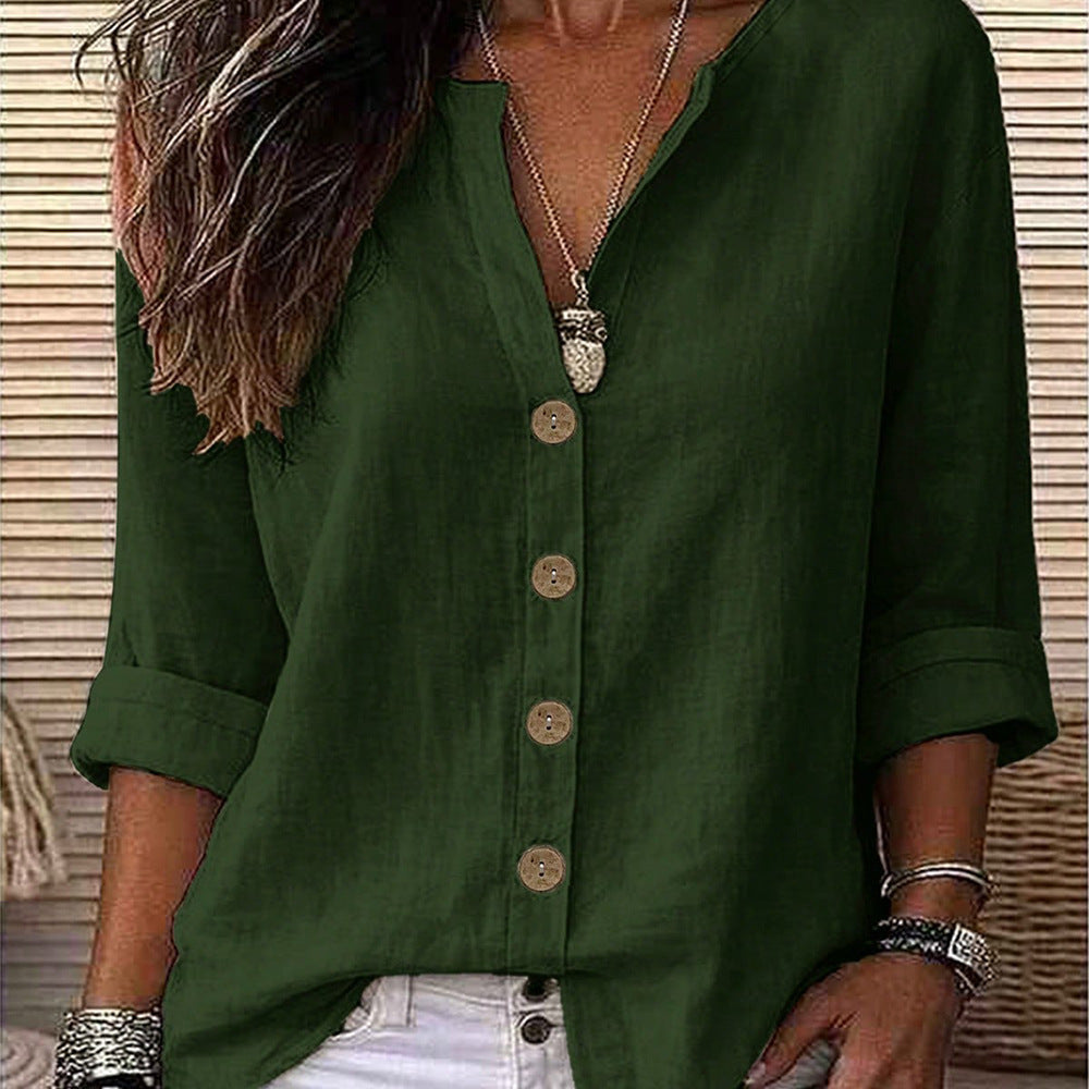 Women's Relaxed V-Neck Button Up Roll Sleeve Blouse