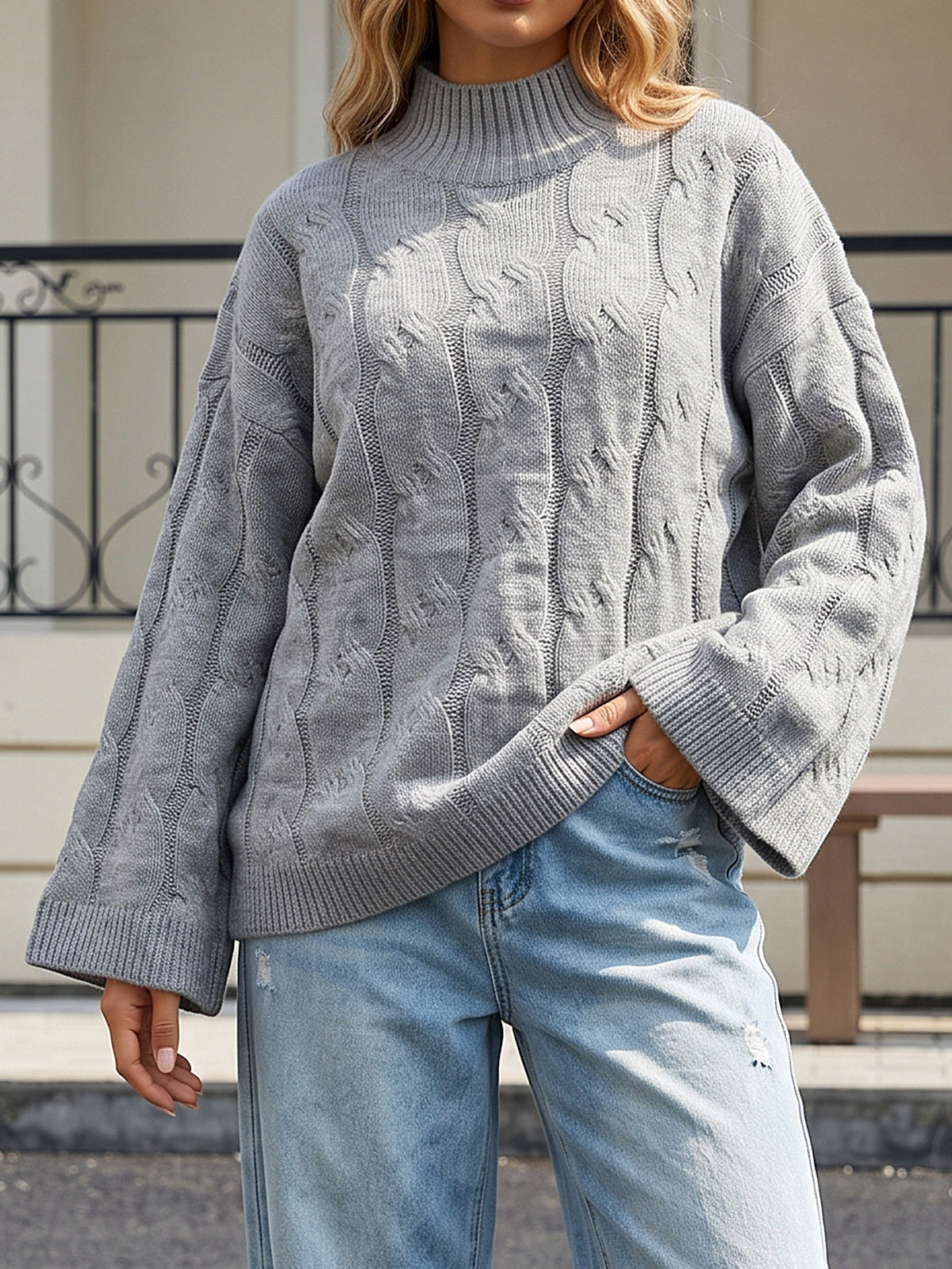 Women's Oversized Cable Knit Mock Neck Sweater