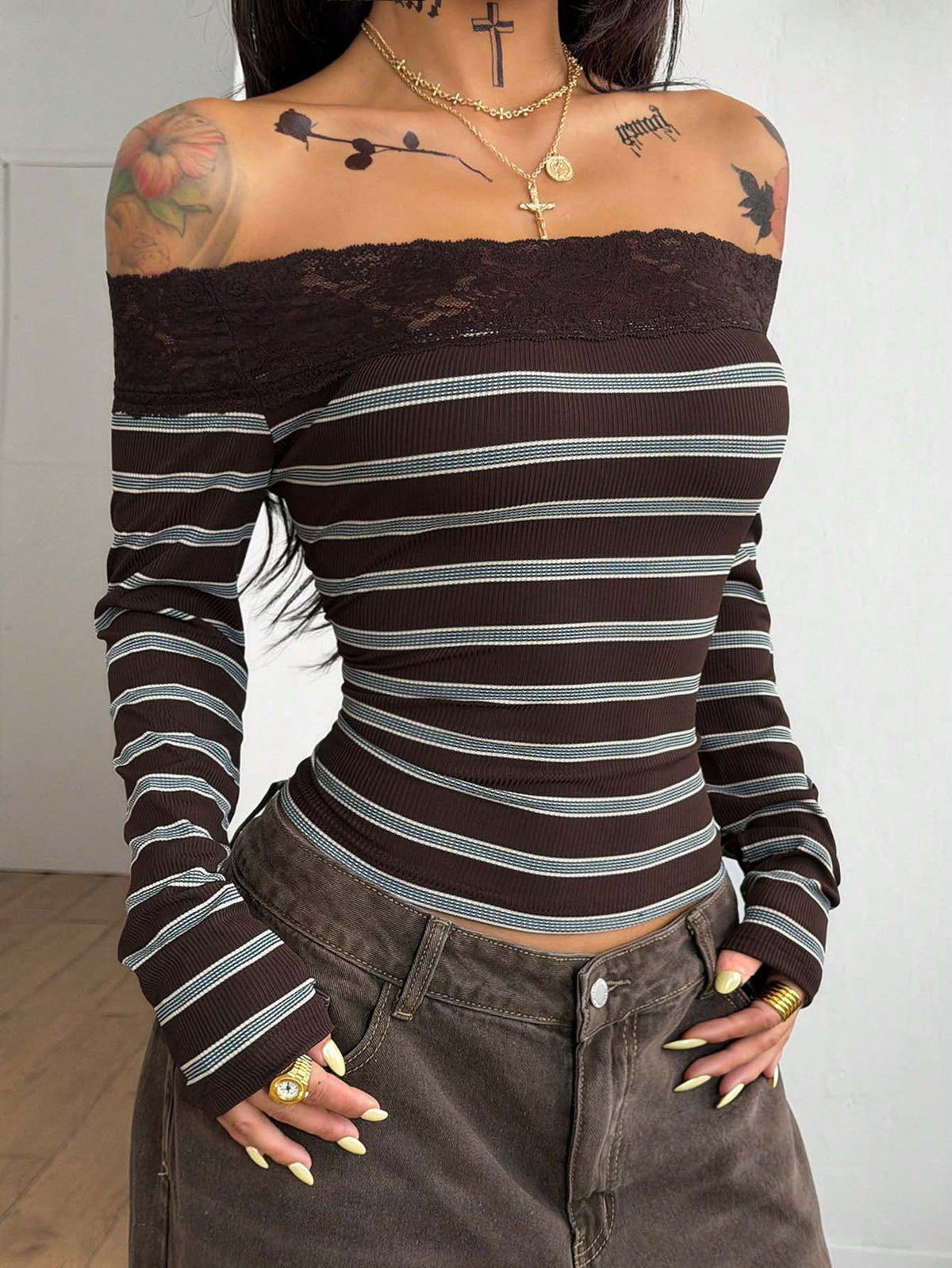 Y2K Lace Trim Off Shoulder Striped Long Sleeve Top