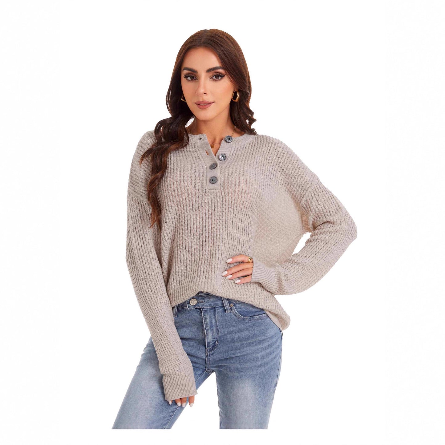 Henley Knit Sweater Button Front Relaxed Fit