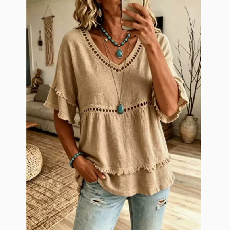 Eyelet Trim Linen V Neck Ruffle Sleeve Blouse