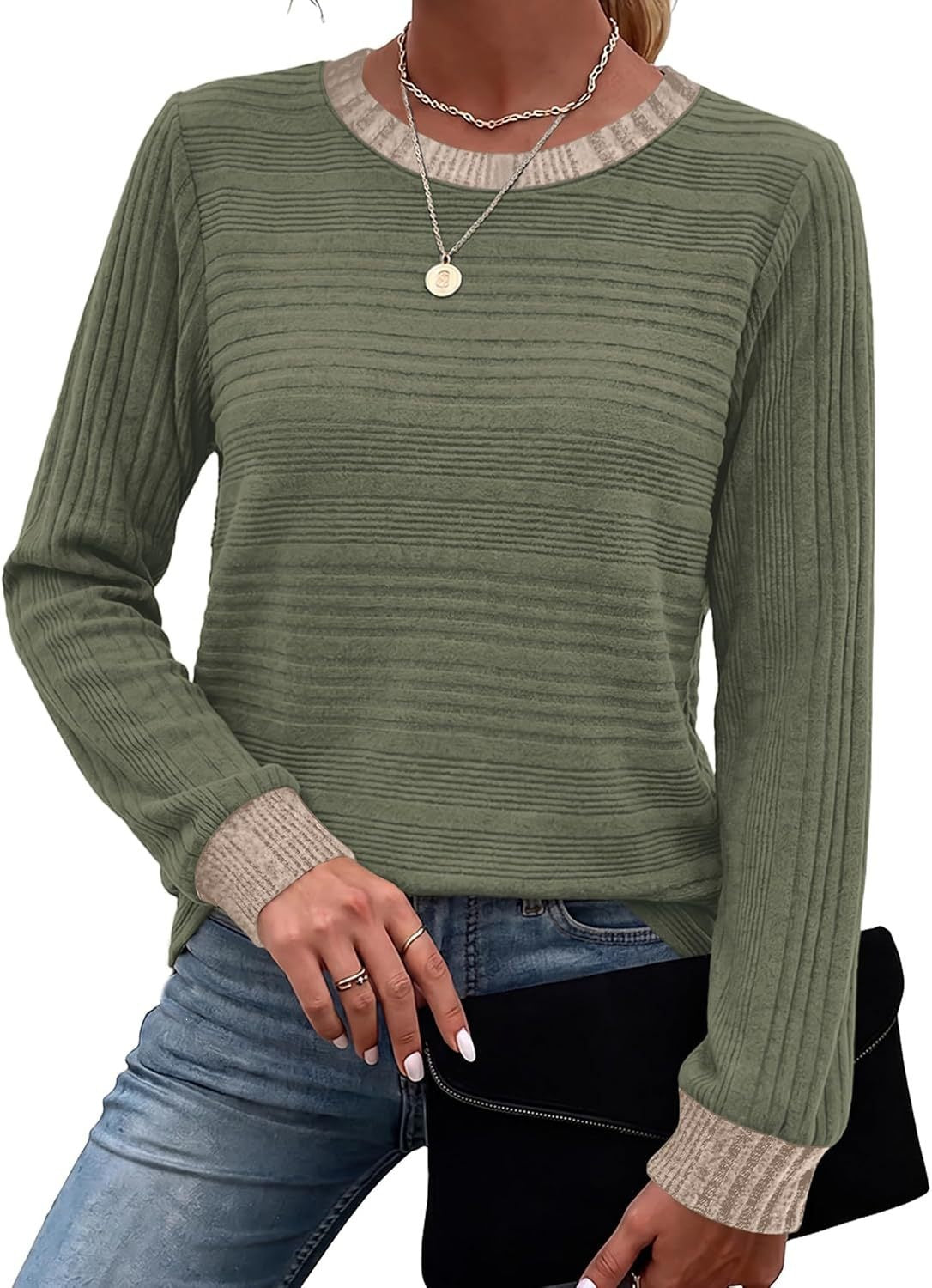 Women's Color Block Ribbed Long Sleeve Loose Casual Top