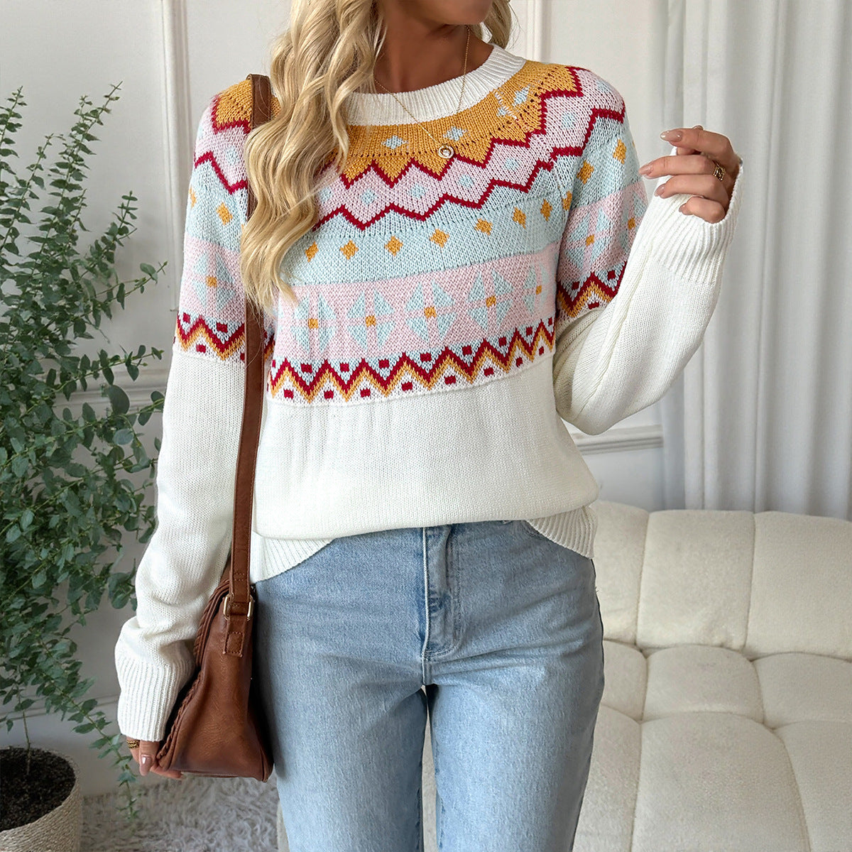 Color Block Knit Sweater Casual Loose Fit Round Neck Top