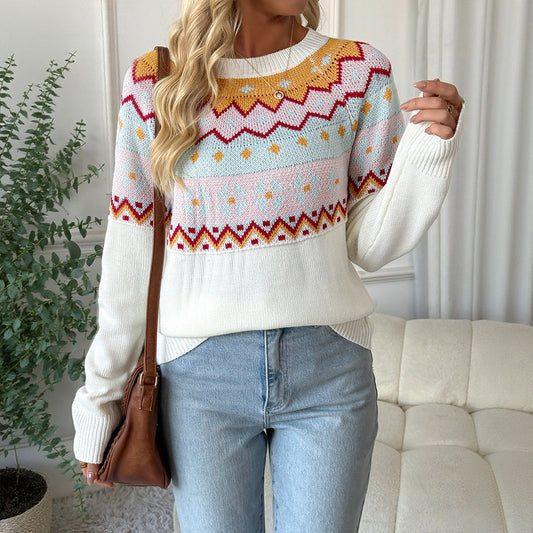 Color Block Knit Sweater Casual Loose Fit Round Neck Top