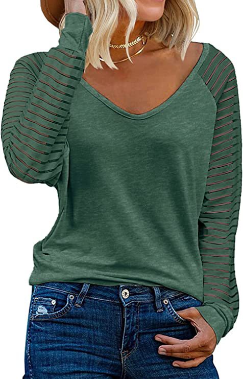 Striped Cotton Top Casual V Neck Sheer Sleeves