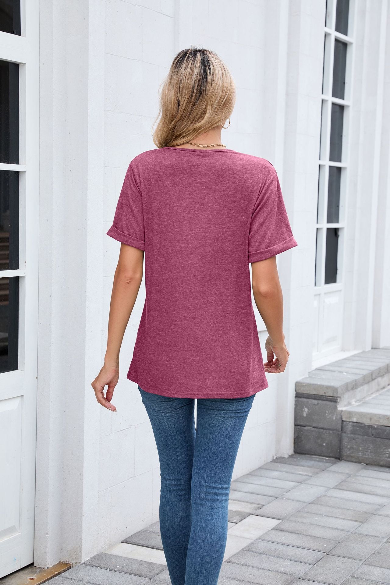 V Neck Basic Tee Short Sleeve Casual Loose Fit Top
