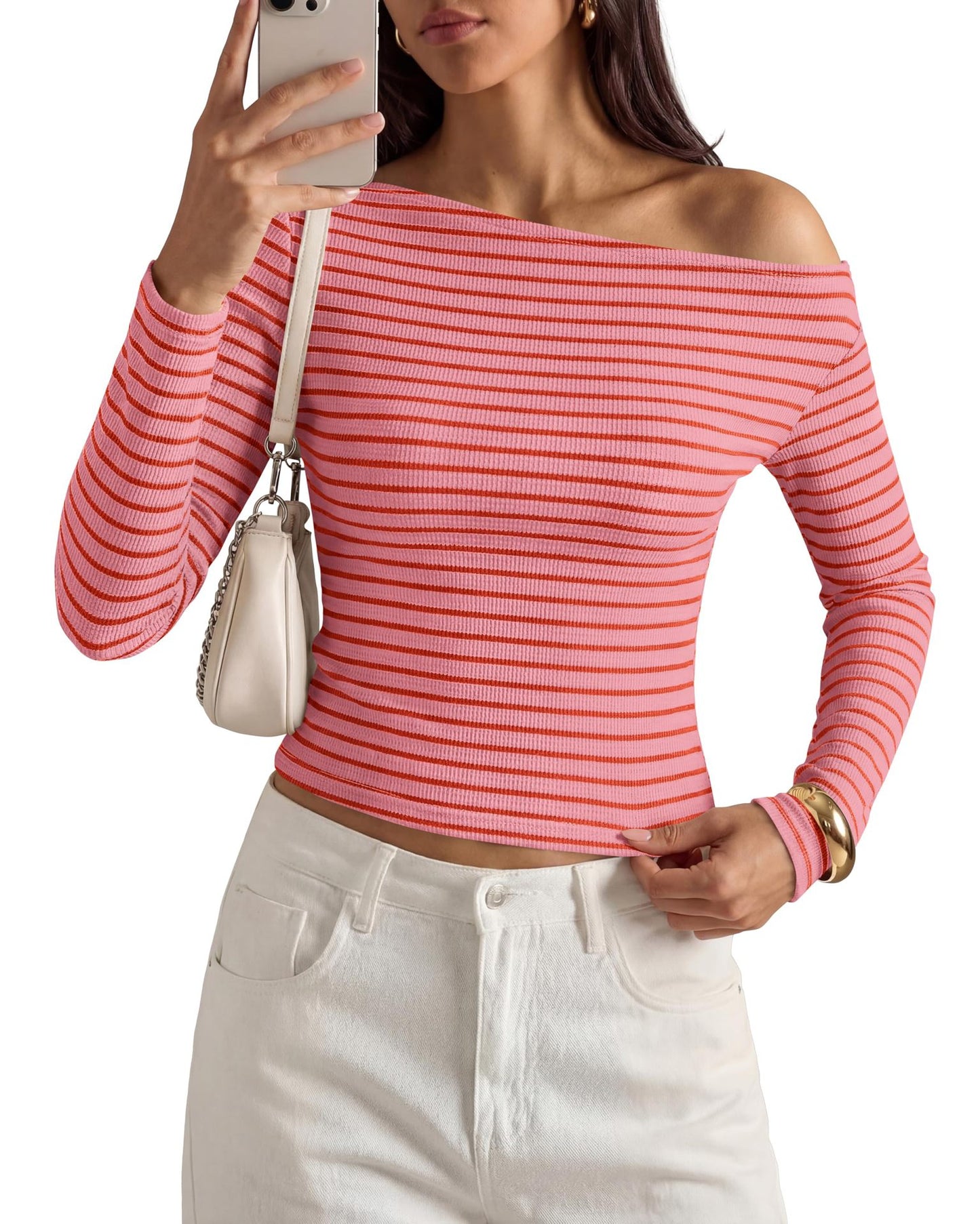 Ribbed Off Shoulder Striped Long Sleeve Knit Top
