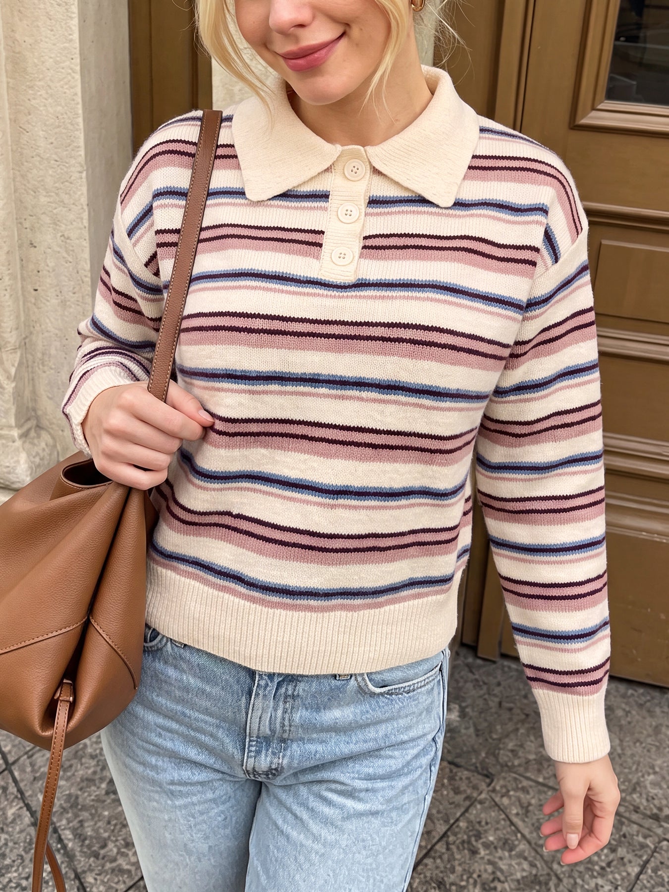 Striped Polo Neck Knit Sweater Relaxed Casual Pullover