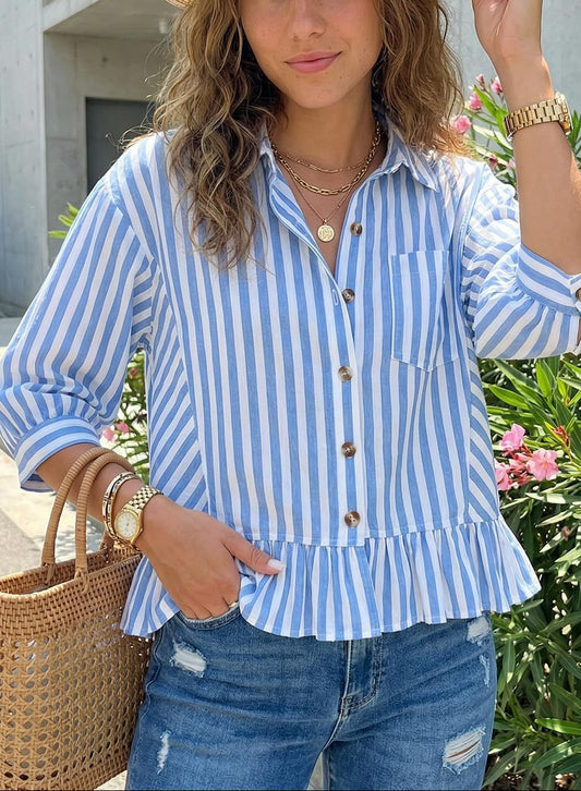 Womens Striped Button Down Ruffle Hem Blouse 3/4 Sleeve