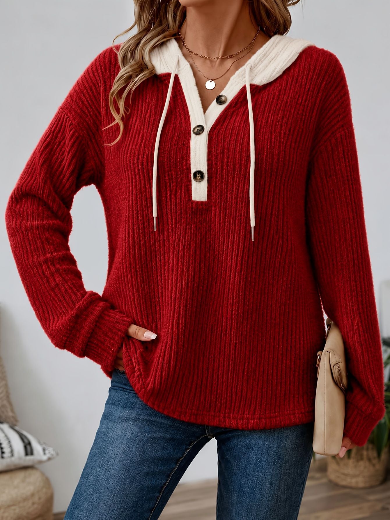 Women’s Hooded Knit Sweater Long Sleeve Pullover