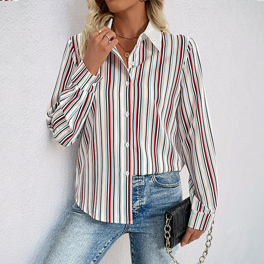 Button Lapel Shirt Cuffs Striped Long Sleeve Cardigan Top
