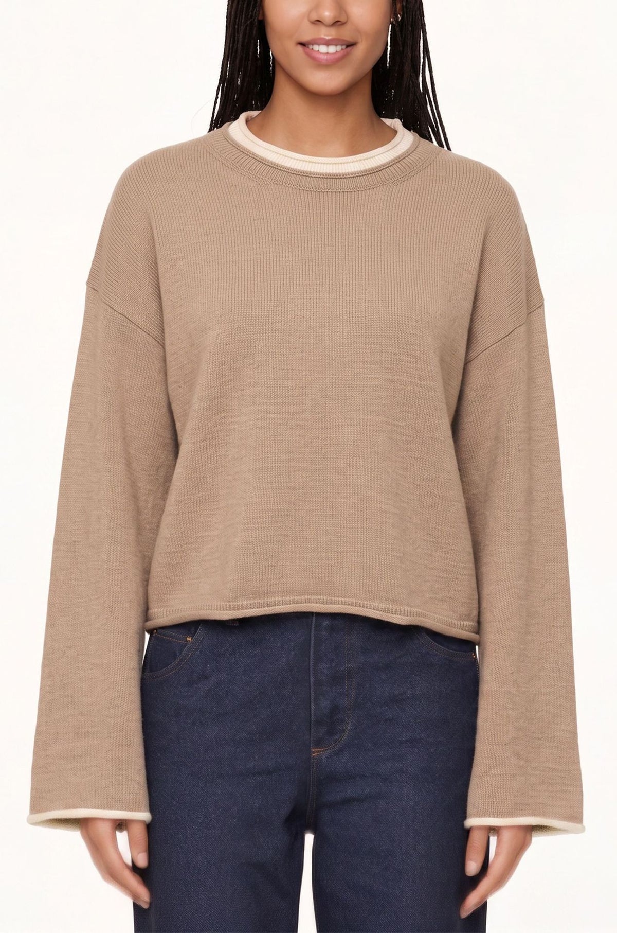 Women's Contrast Trim Crew Neck Oversized Knit Sweater