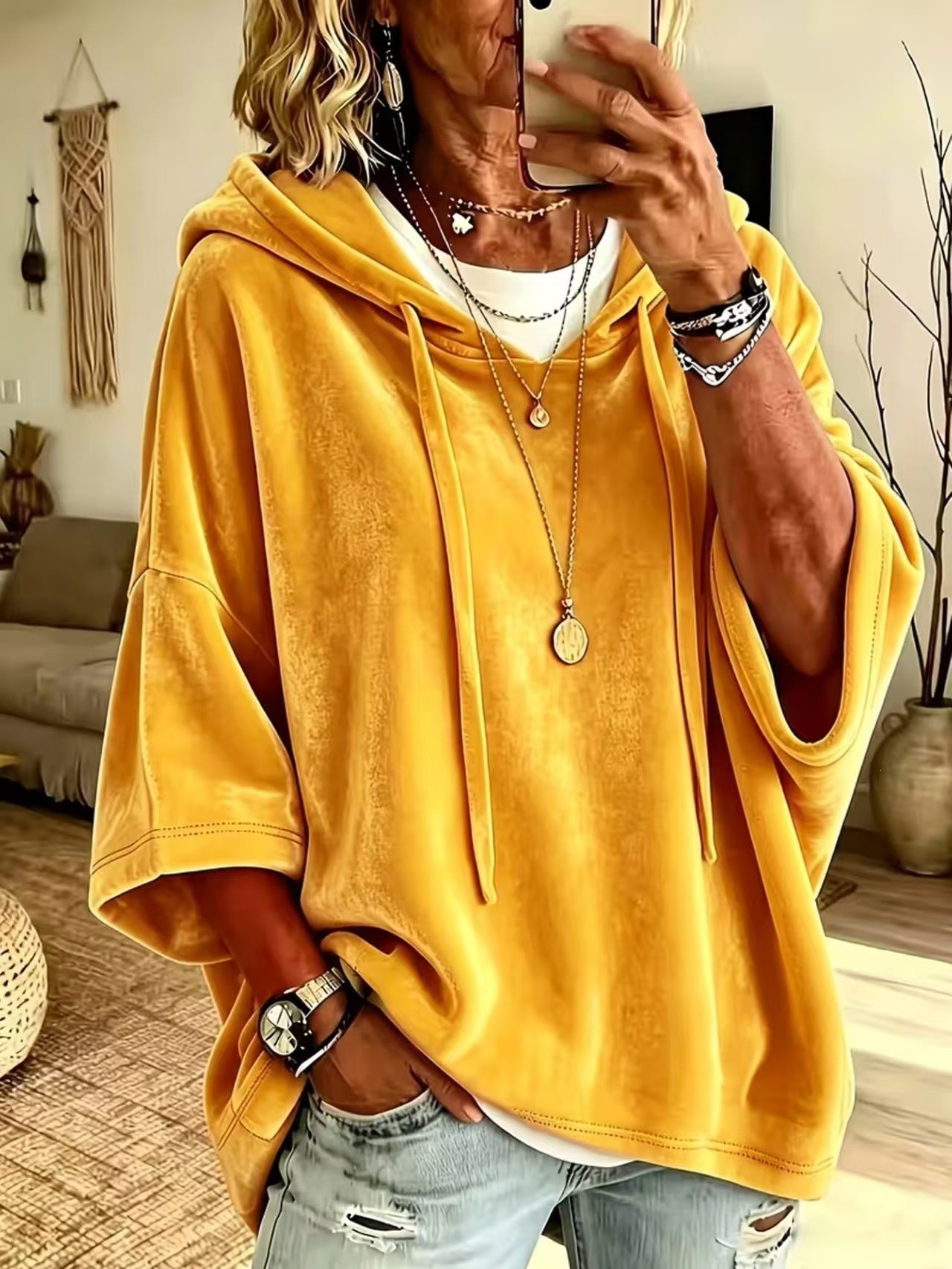 Women’s Oversized V Neck Hooded Sweatshirt 3/4 Sleeve Pullover