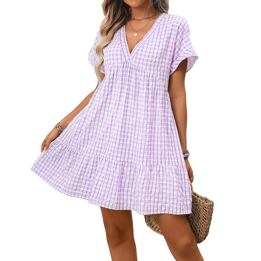 Gingham V Neck Short Sleeve Summer Dress with Ruffle Hem