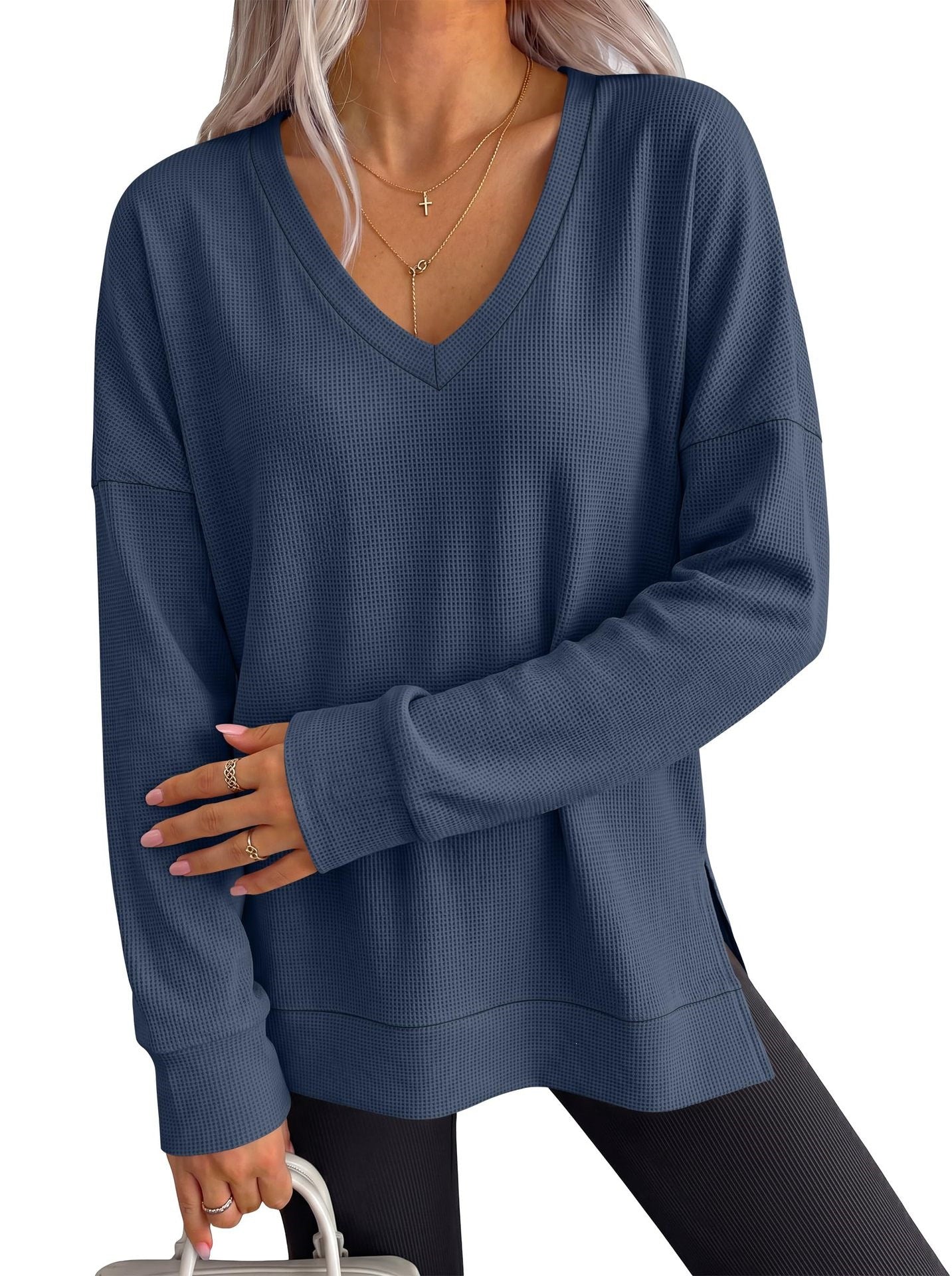 Waffle Knit V Neck Top Relaxed Long Sleeve