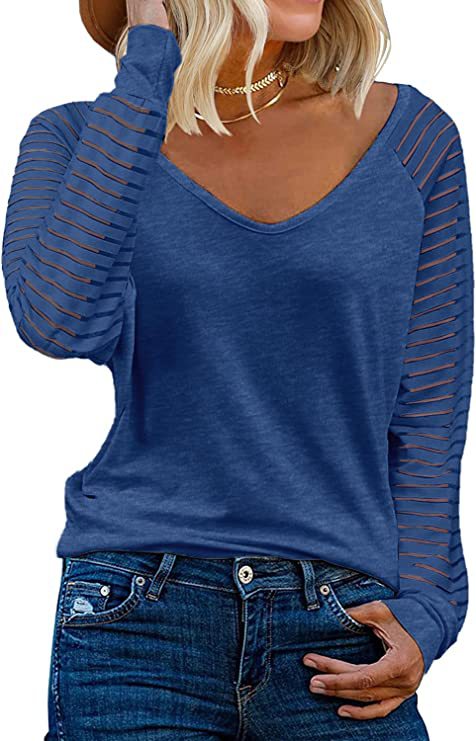 Striped Cotton Top Casual V Neck Sheer Sleeves