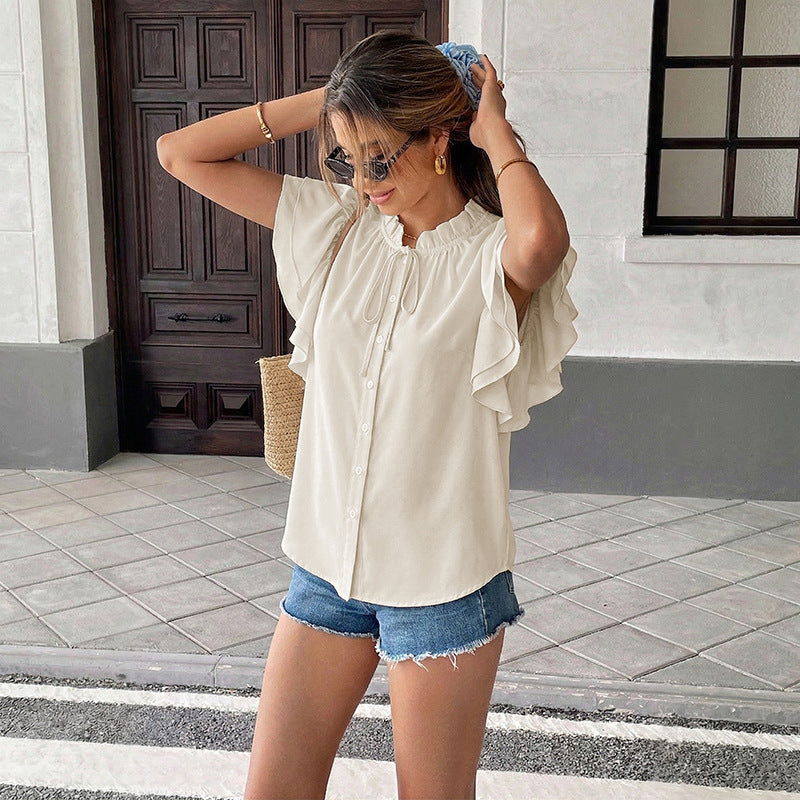 Women Ruffle Sleeve Tie Neck Button Down Blouse