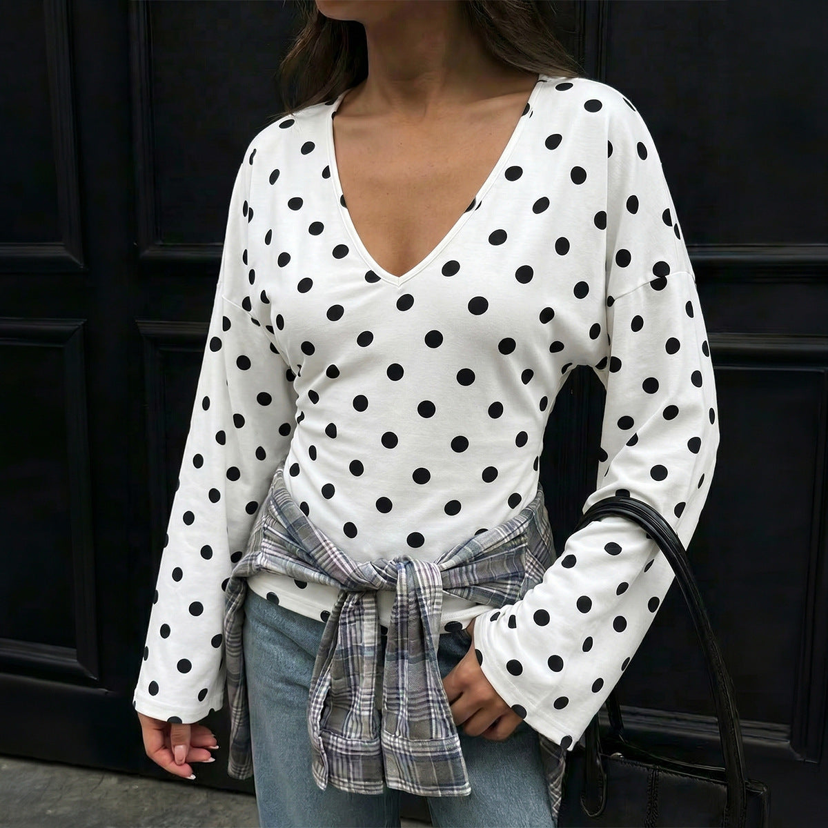Women's Polka Dot Wrap V Neck Flare Sleeve Blouse