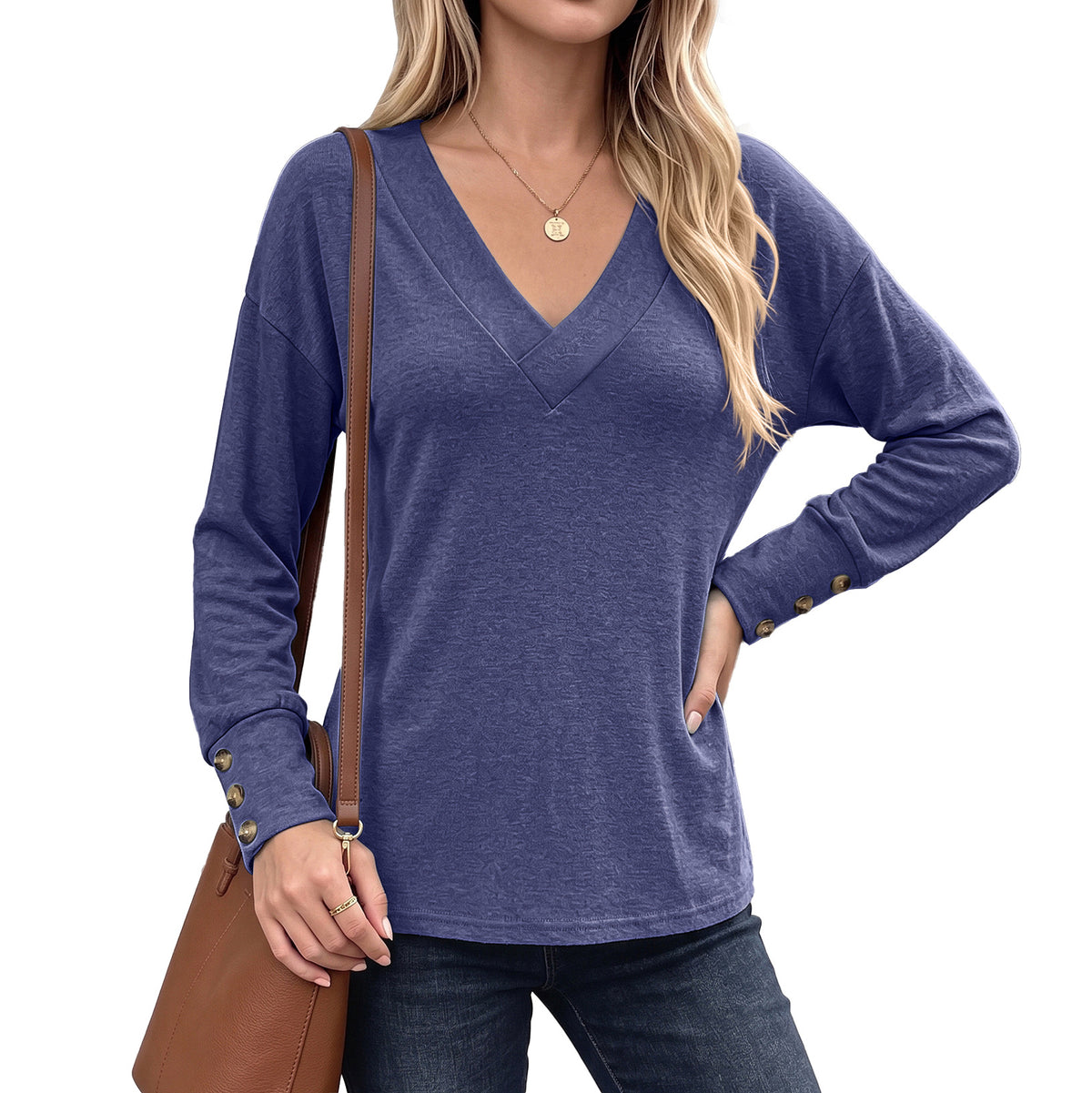 Womens V Neck Long Sleeve Button Cuff Loose Tunic Top