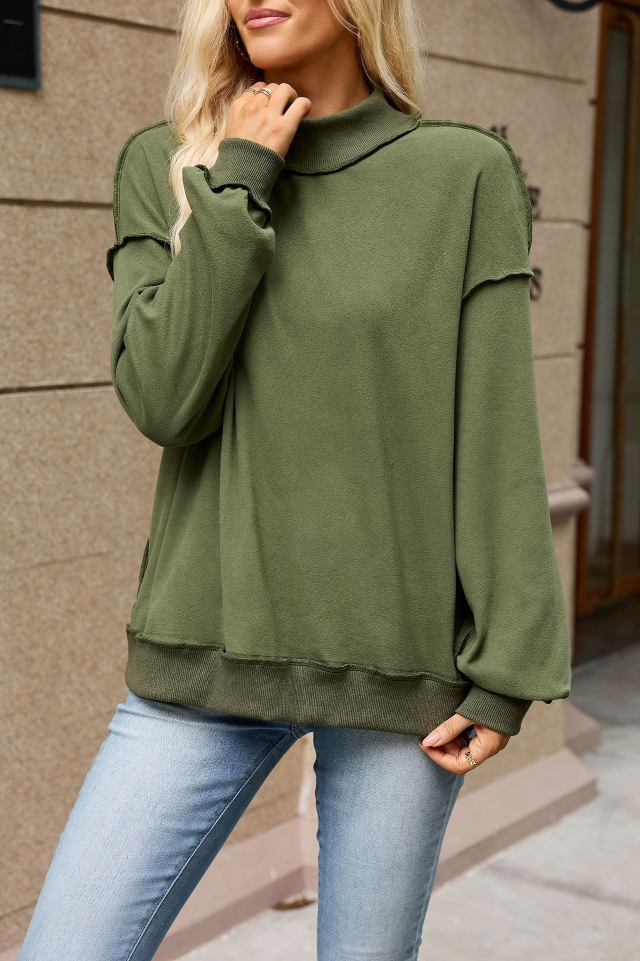 Mock Neck Exposed Seam Oversized Sweatshirt