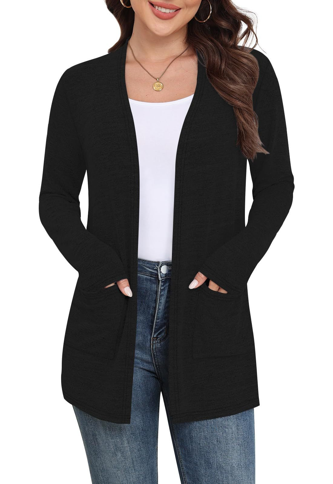 Lightweight Women’s Open Front Cardigan Sweater with Pockets