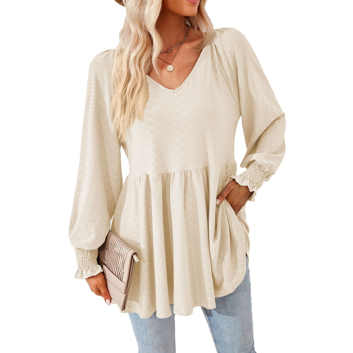 Women's V Neck Long Sleeve Textured Babydoll Tunic Top