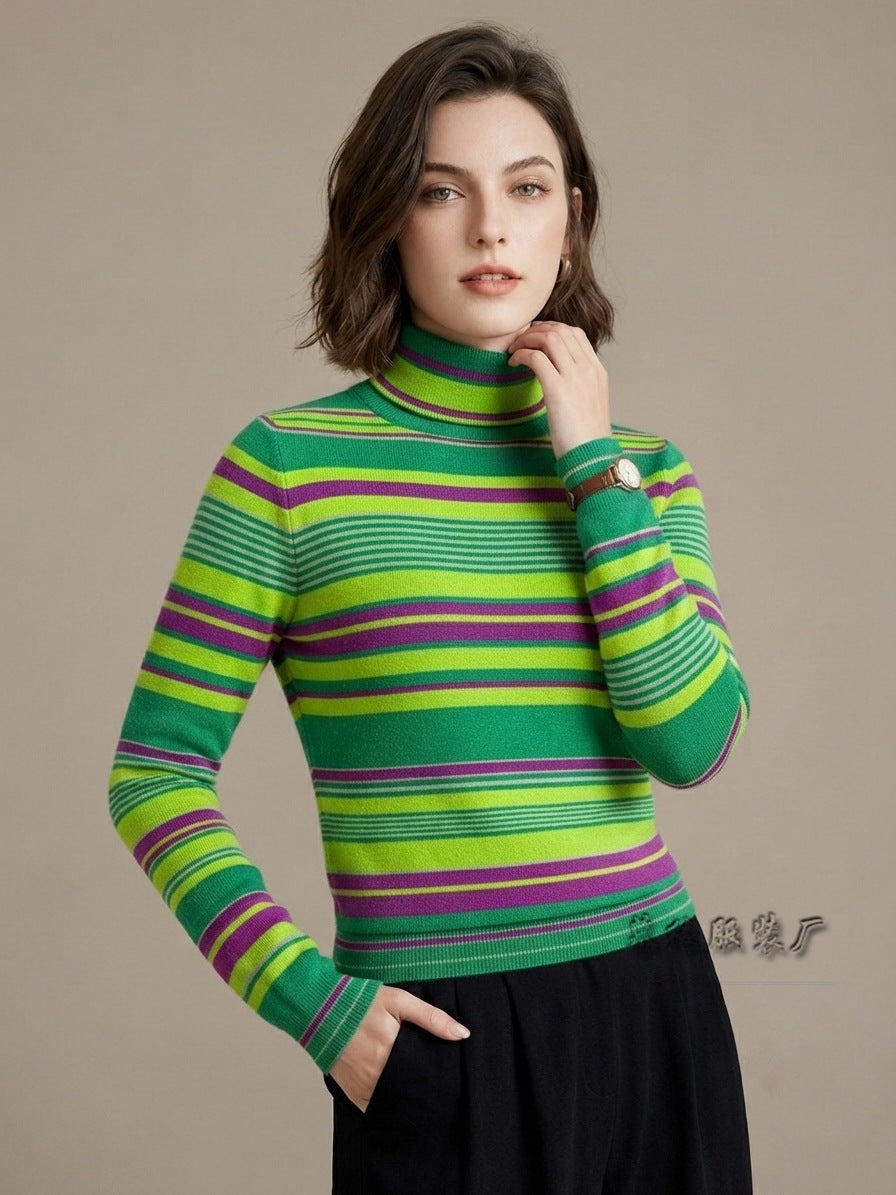 Women's Color Block Striped Turtleneck Knit Sweater