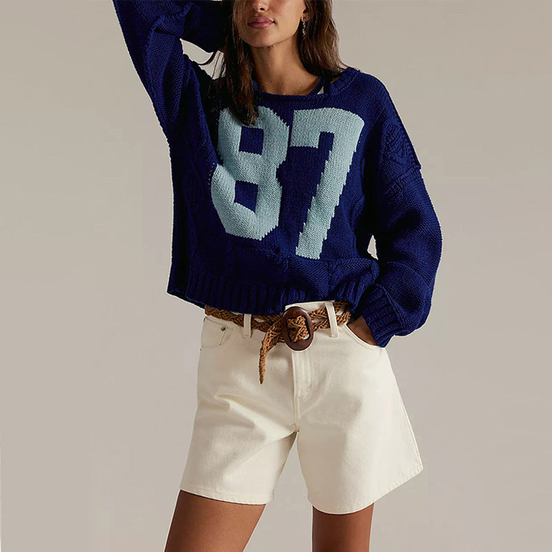 Casual Colorblock Knit Sweater with Number Print