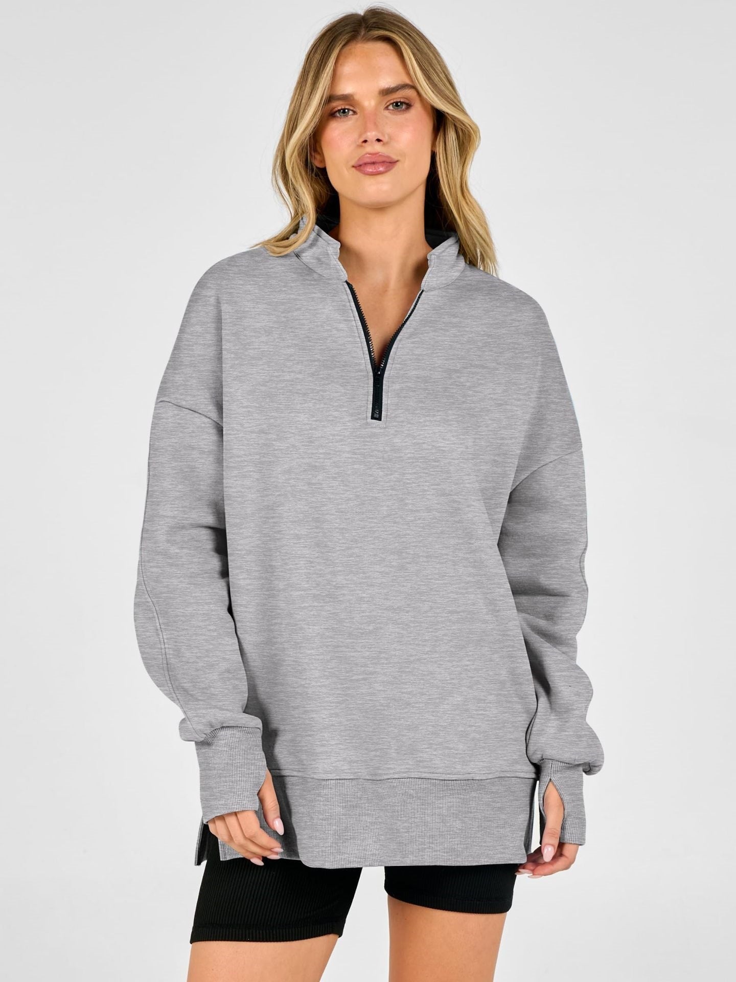 Half Zip Oversized Pullover Sweatshirt Side Slit Casual Top