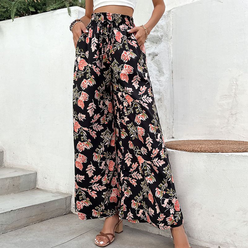Black Tropical Floral Elastic Waist Beach Pants
