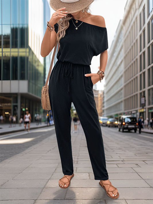 Women's Slanted Shoulder Solid Color Jumpsuit Trousers