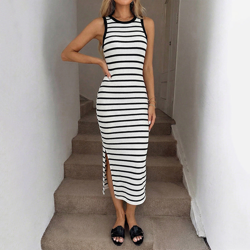 Women Sleeveless Stripe Side Slit Bodycon Maxi Dress