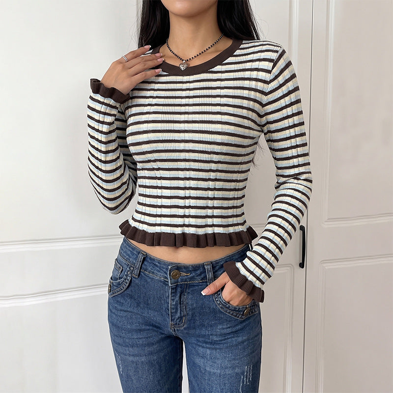 Striped Ribbed Cotton Sweater Colorblock Slim Fit Top