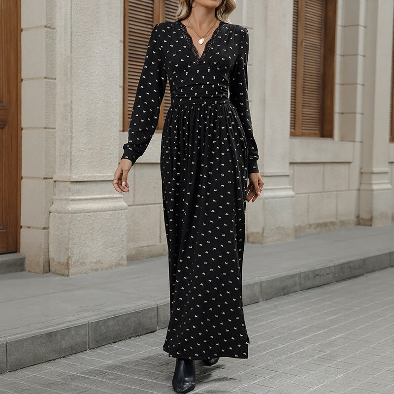 Elegant Vintage V Neck Lace Print Maxi Dress with Bow