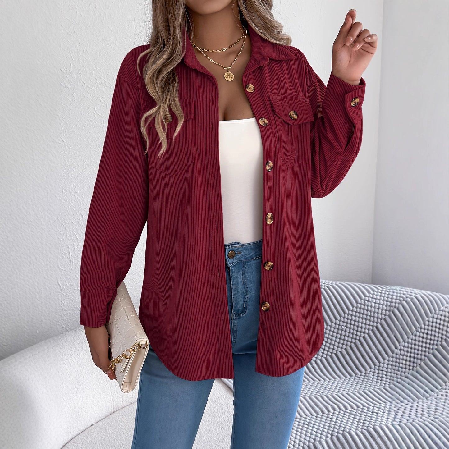 Corduroy Shacket Button Front Relaxed Fit
