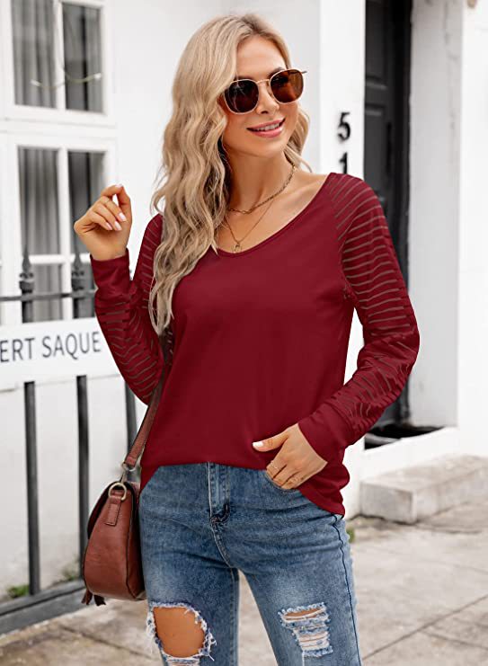 Striped Cotton Top Casual V Neck Sheer Sleeves